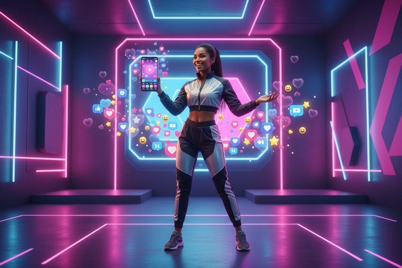 Ultra-vibrant colourful BIGO Live style promotional banner, full-body female streamer in a modern studio with soft neon lights (blue, purple, pink glow), holding a smartphone with live-stream vibes, floating hearts, emojis, social icons around her, high-energy modern background, clean layout, no text, no logos, 2000x2500 full-portrait format suitable for Shopify product page, glossy lighting, smooth skin tone, crisp HD details, professional commercial look.